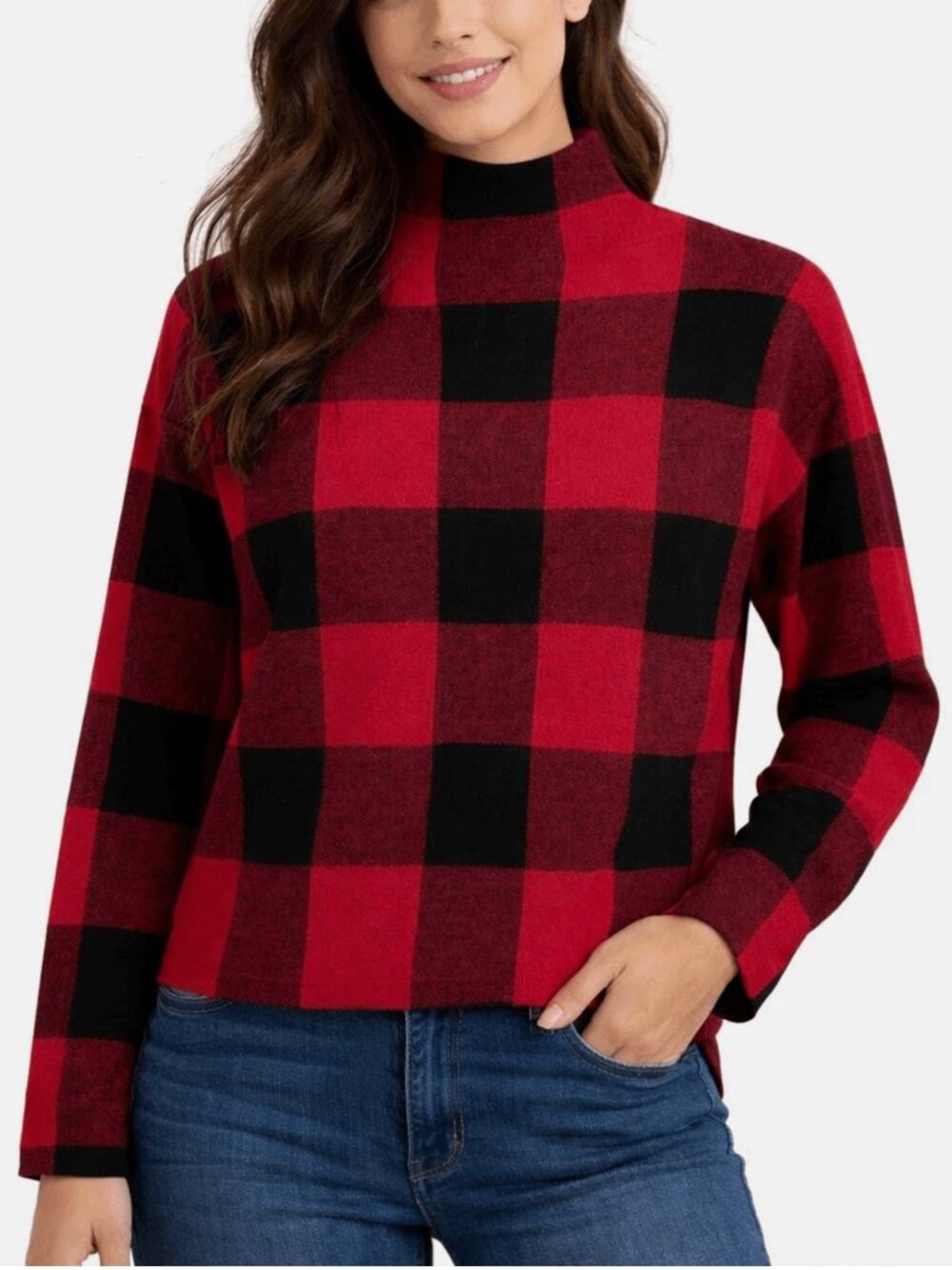 Tommy Bahama Red Buffalo Check Plaid Mock Neck Pullover Sweater Women's size S